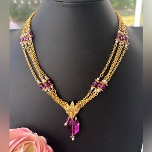 Vintage Avon Gold Tone with Purple Lucite and Pearl Multi Strand Necklace